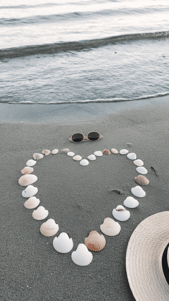 A heart shape created with seashells on a sandy beach, with a pair of round sunglasses placed above the heart and part of a straw hat visible on the right, while gentle waves approach the shore in the background.