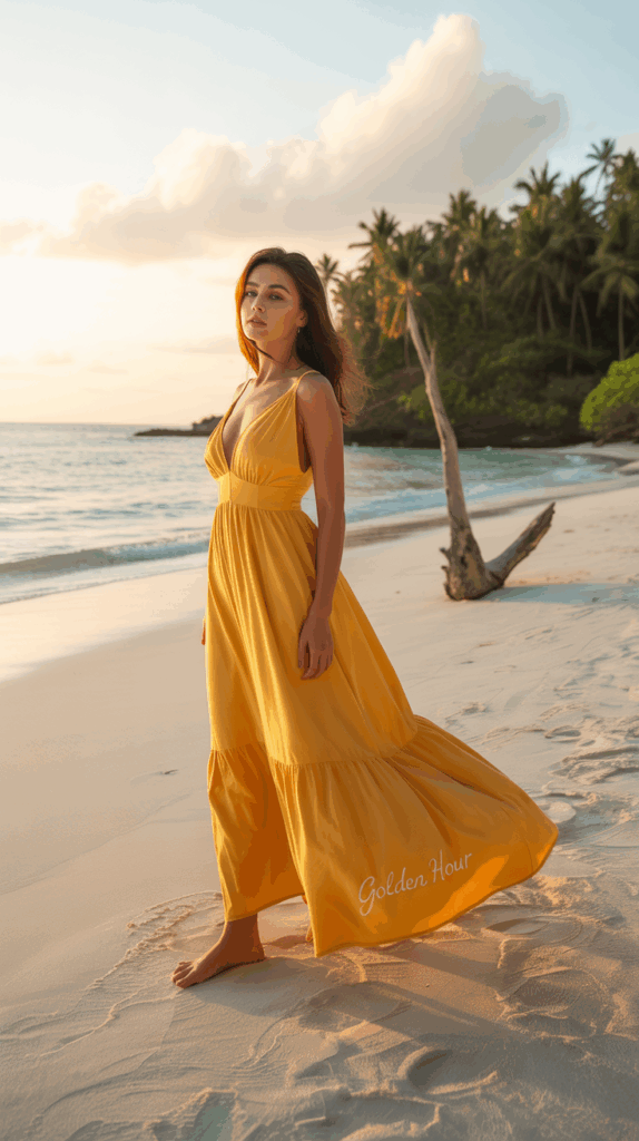 A woman in a flowing yellow dress stands barefoot on a sandy beach during sunset, with calm waves and palm trees in the background.