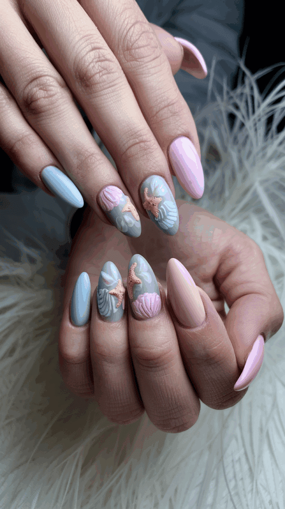 Close-up of hands with pastel-colored nails featuring blue, pink, and gray hues. Some nails are adorned with 3D starfish and seashell designs.