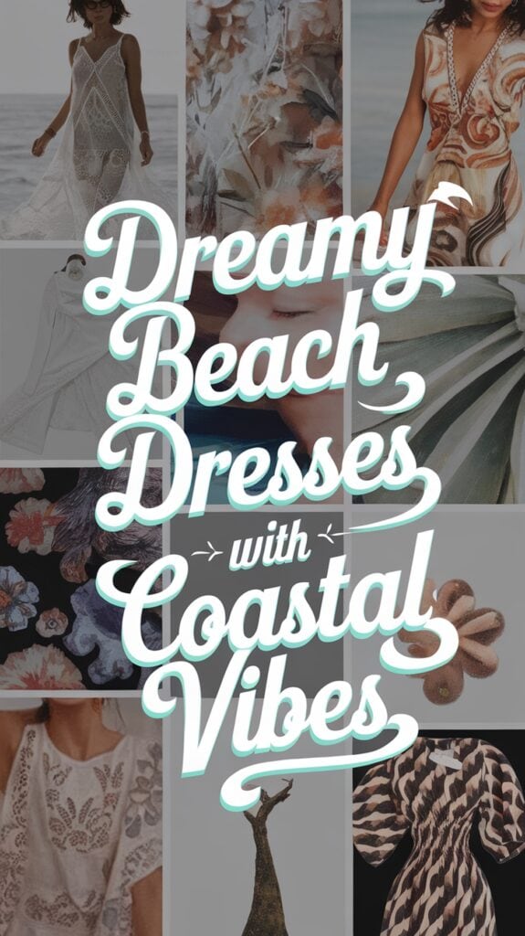 Collage of beach dresses with text overlay reading 'Dreamy Beach Dresses with Coastal Vibes.' The background features various patterns and dress styles enhancing a coastal theme.