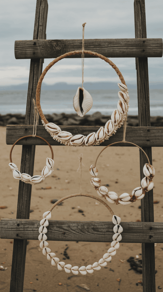 A display of handmade shell wreaths hanging on a wooden frame at a beach, with the ocean and cloudy sky in the background.