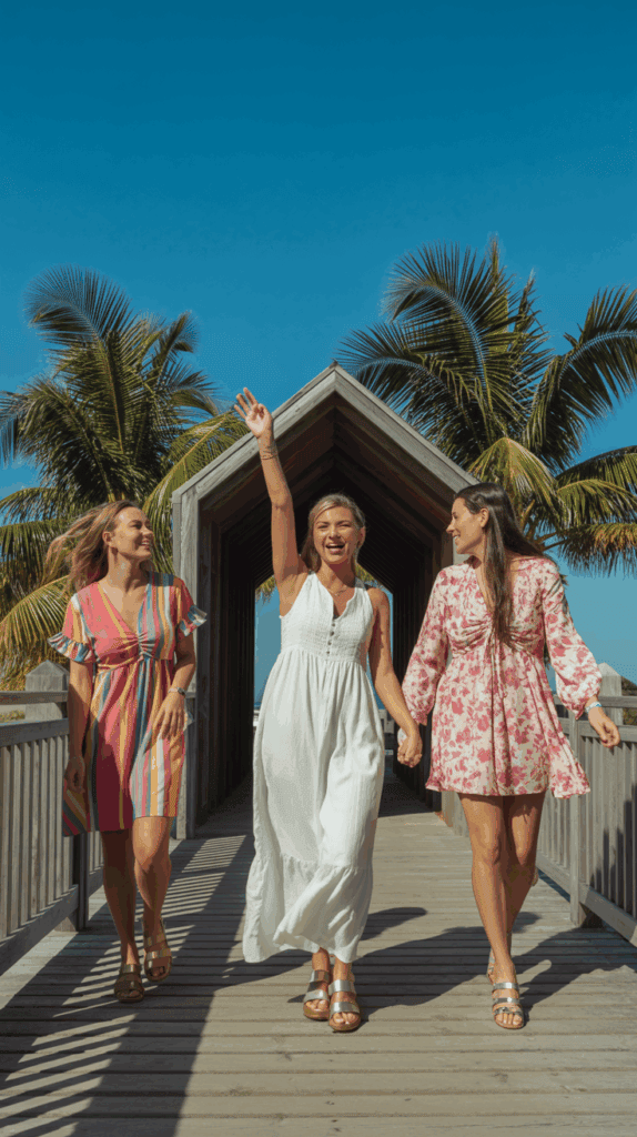 Three women in colorful dresses are walking on a wooden boardwalk under tall palm trees, with one woman raising her hand and smiling against a clear blue sky.
