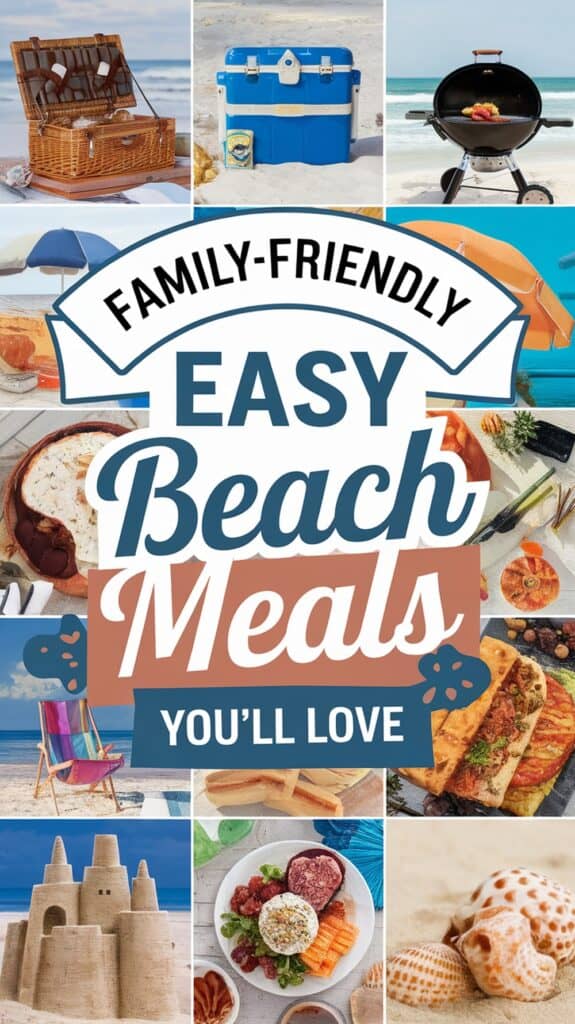 A collage featuring a picnic basket, cooler, grill, beach scenes, and various meals, with text reading 'Family-Friendly Easy Beach Meals You'll Love.'