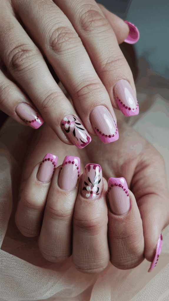 Hands with manicured nails featuring pink tips, small red dots along the cuticles, and floral patterns on two nails.