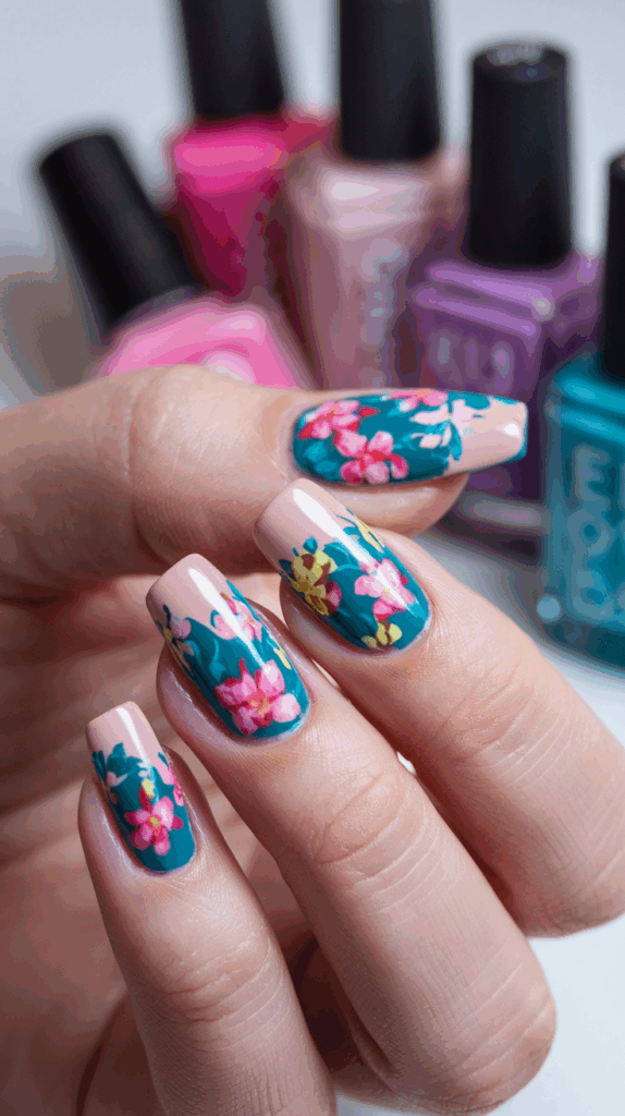 Close-up of a hand with manicured nails featuring a floral design on a teal and light pink background, surrounded by pink and blue nail polish bottles.