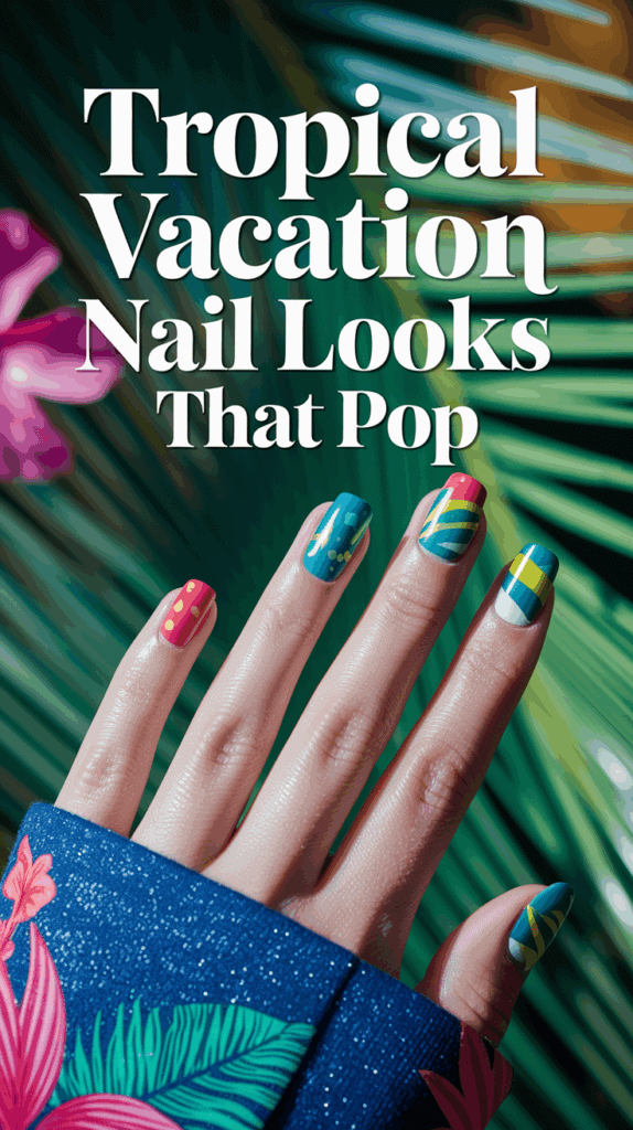 A hand with colorful, tropical-themed nail art in front of palm leaves, featuring a blue sleeve with floral patterns and text reading 'Tropical Vacation Nail Looks That Pop.'