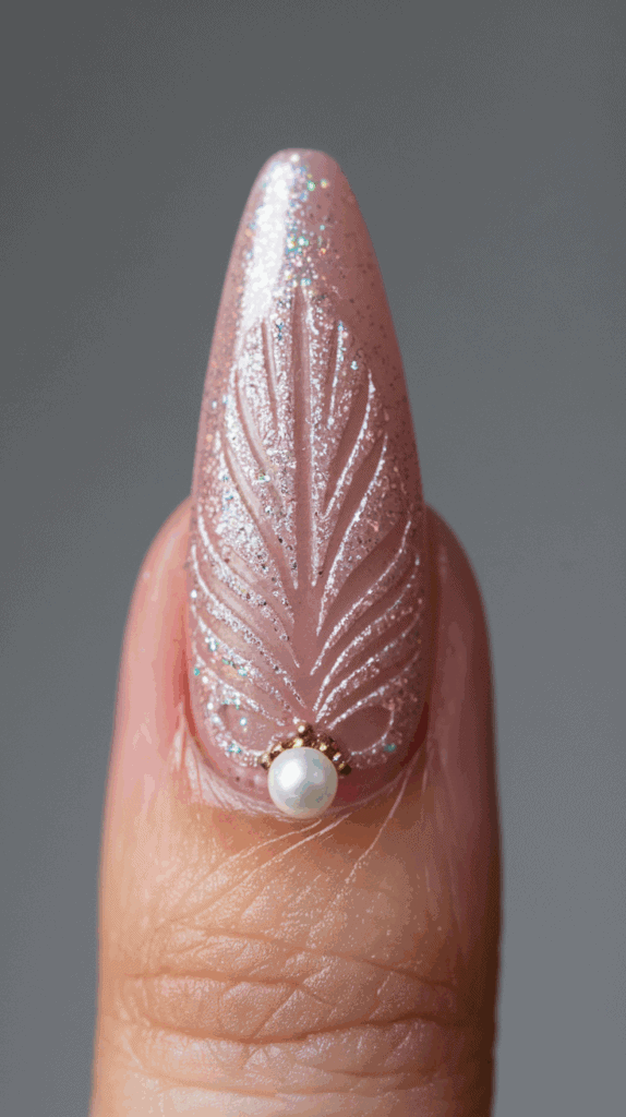 A close-up of a long, almond-shaped fingernail painted with pink glitter polish, featuring a leaf-like design and adorned with a pearl and small gold beads at the base.