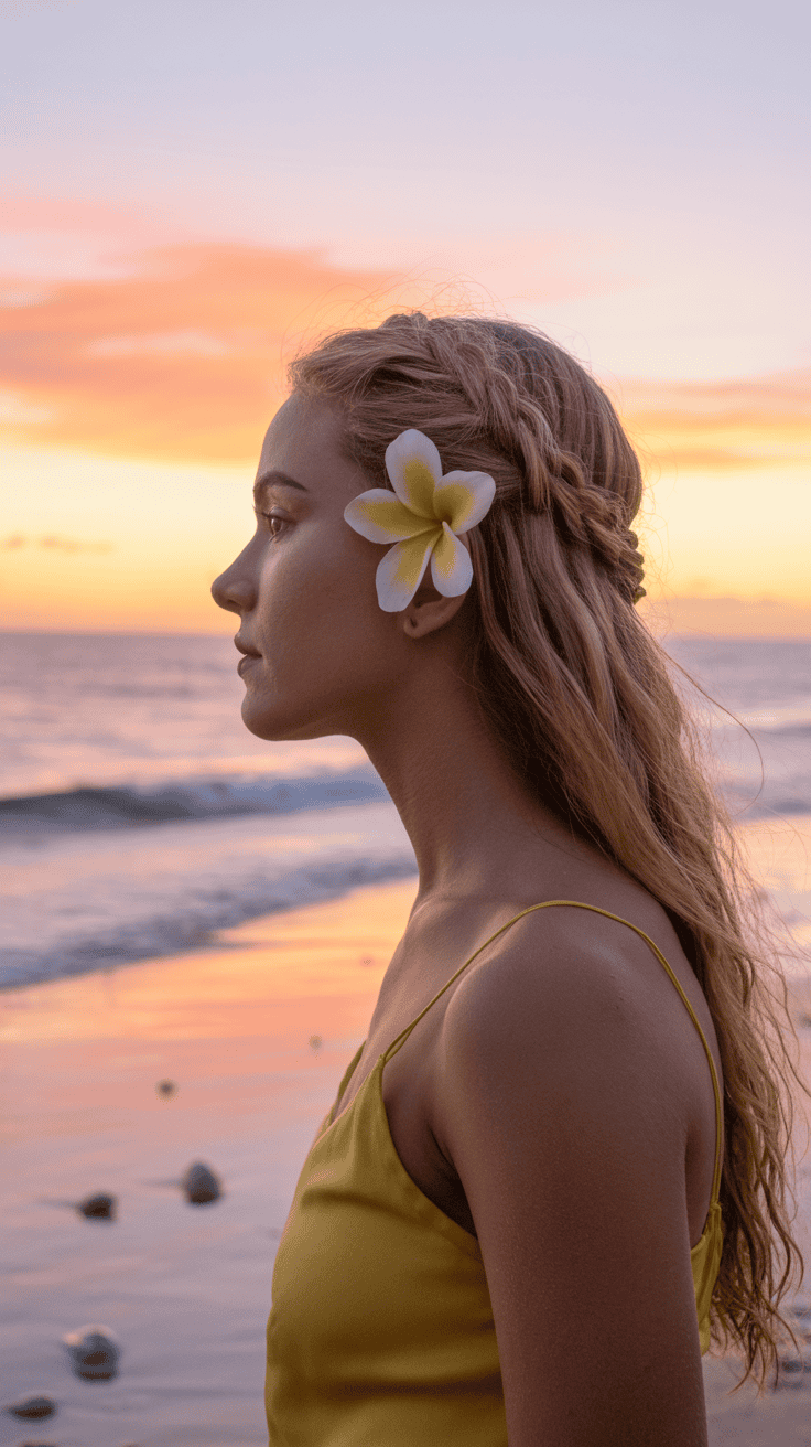A woman with a flower in her hair stands on a beach at sunset, wearing a yellow dress and gazing towards the ocean.