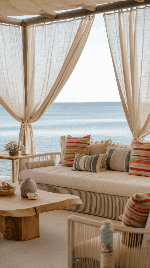 A cozy outdoor seating area featuring a cushioned sofa with colorful striped pillows, a wooden coffee table, and sheer curtains overlooking a calm ocean view.