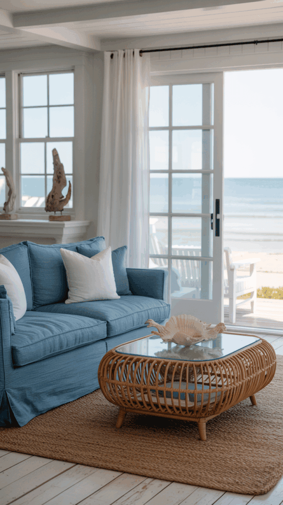 A coastal-themed living room with a blue couch, adorned with white pillows, next to a rattan coffee table with a glass top and shell decoration, situated in front of large windows with a view of the ocean.