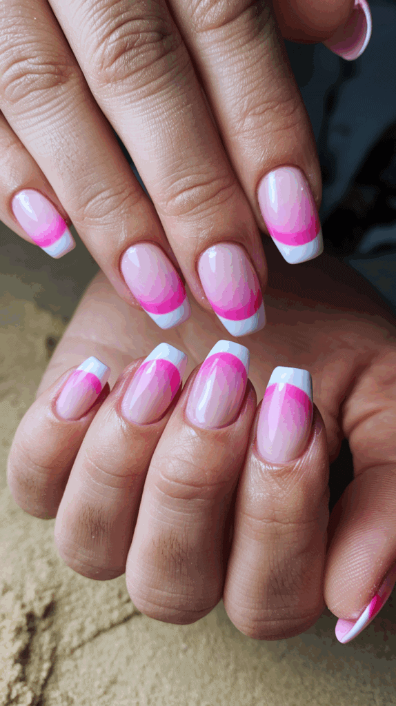 Close-up of a hand with manicured nails featuring a pink to white gradient design with glossy finish and squared tips.