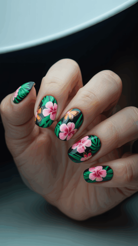 A hand with nails decorated with floral and butterfly designs. The nails feature pink flowers and orange butterflies on a dark background with green foliage accents.