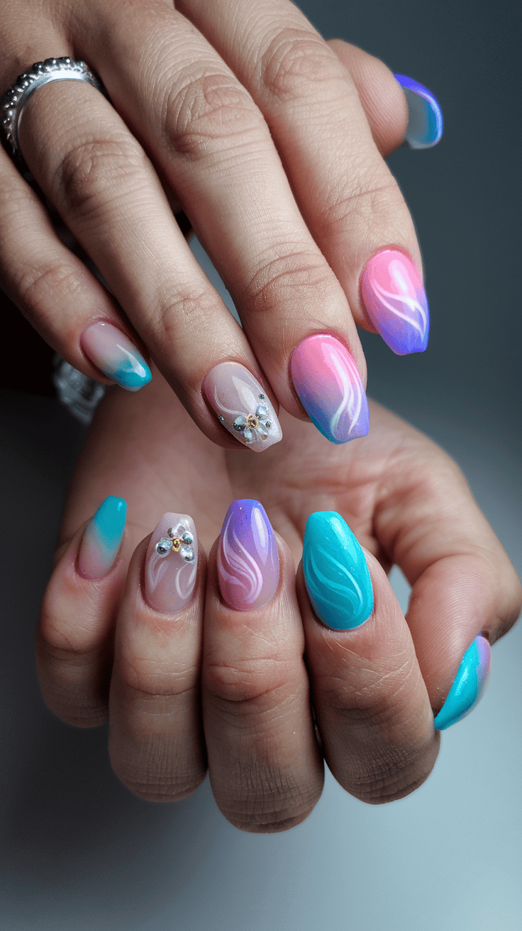 Close-up of hands with stylishly manicured nails featuring gradient pink, purple, and teal colors with white swirl designs and small rhinestone embellishments on some nails.