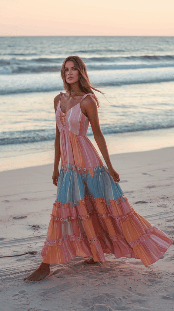 A woman walking on the beach at sunset wearing a flowing, colorful maxi dress with pink, orange, and blue stripes.