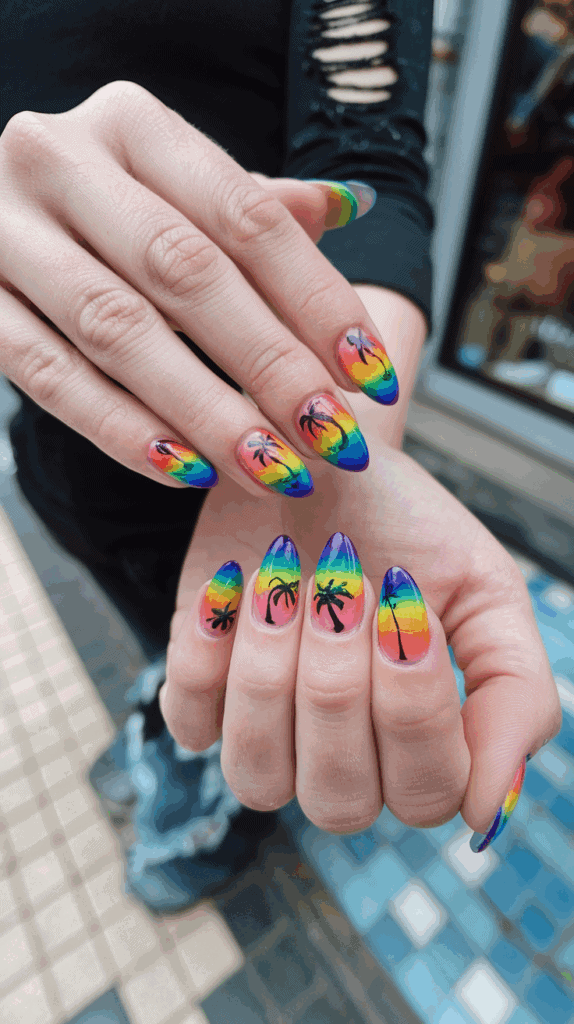 A pair of hands displaying long, almond-shaped nails with a rainbow gradient design accented by black palm tree silhouettes.