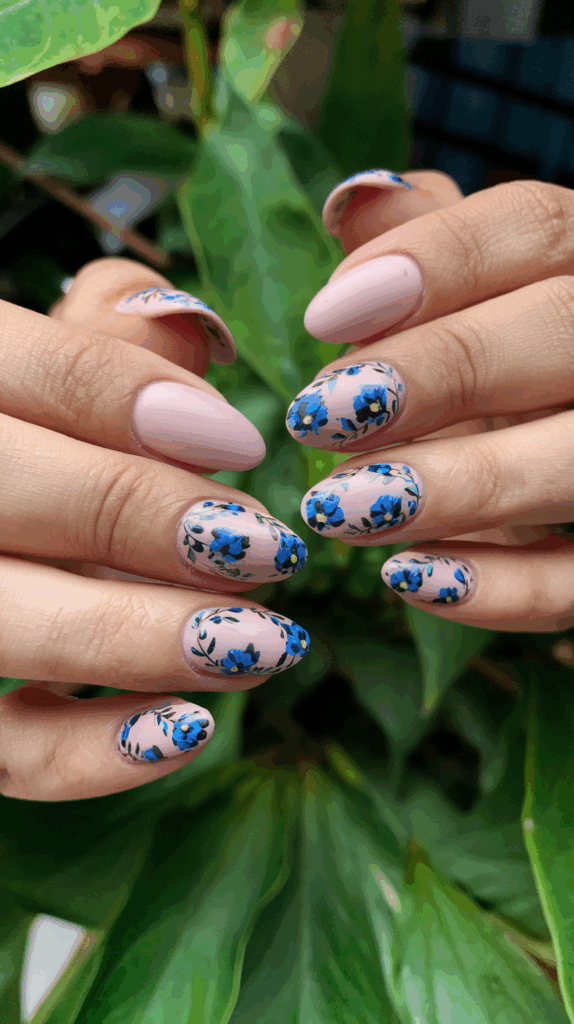 Close-up of hands with manicured nails displaying a floral design, featuring blue flowers with green leaves on a light pink background, against a backdrop of green leaves.