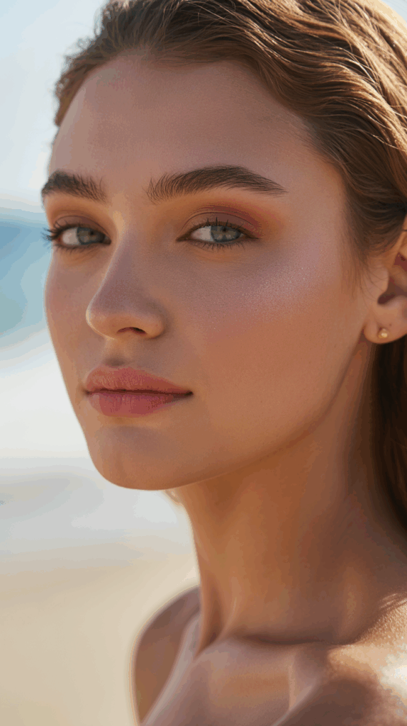 Close-up portrait of a woman with highlighted cheeks and natural makeup, standing on a sunny beach.