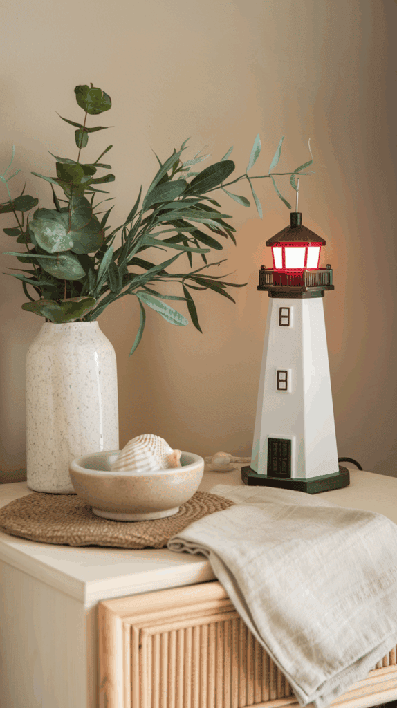A decorative setup on a wooden table featuring a ceramic vase with eucalyptus branches, a small bowl with a seashell, and a table lamp designed like a lighthouse emitting a red light.