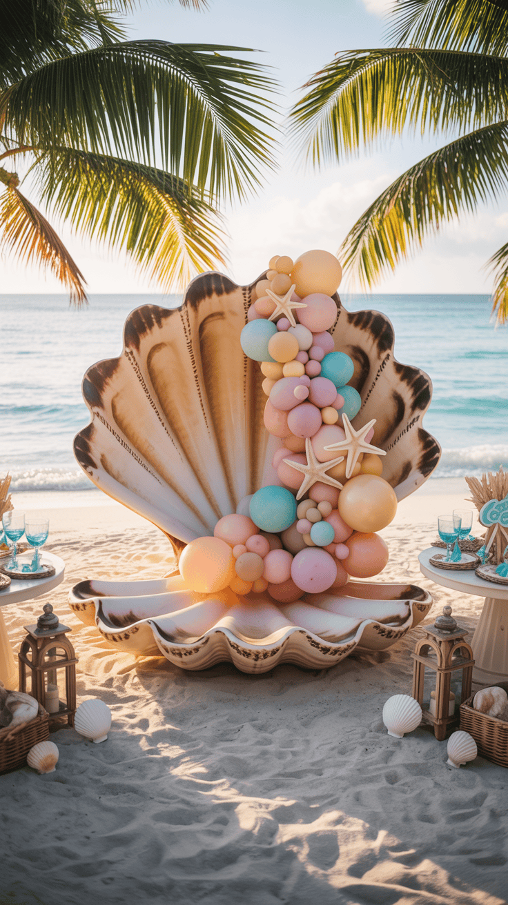 A large seashell decoration on a sandy beach, adorned with pastel-colored balloons and starfish, surrounded by palm trees and ocean in the background.