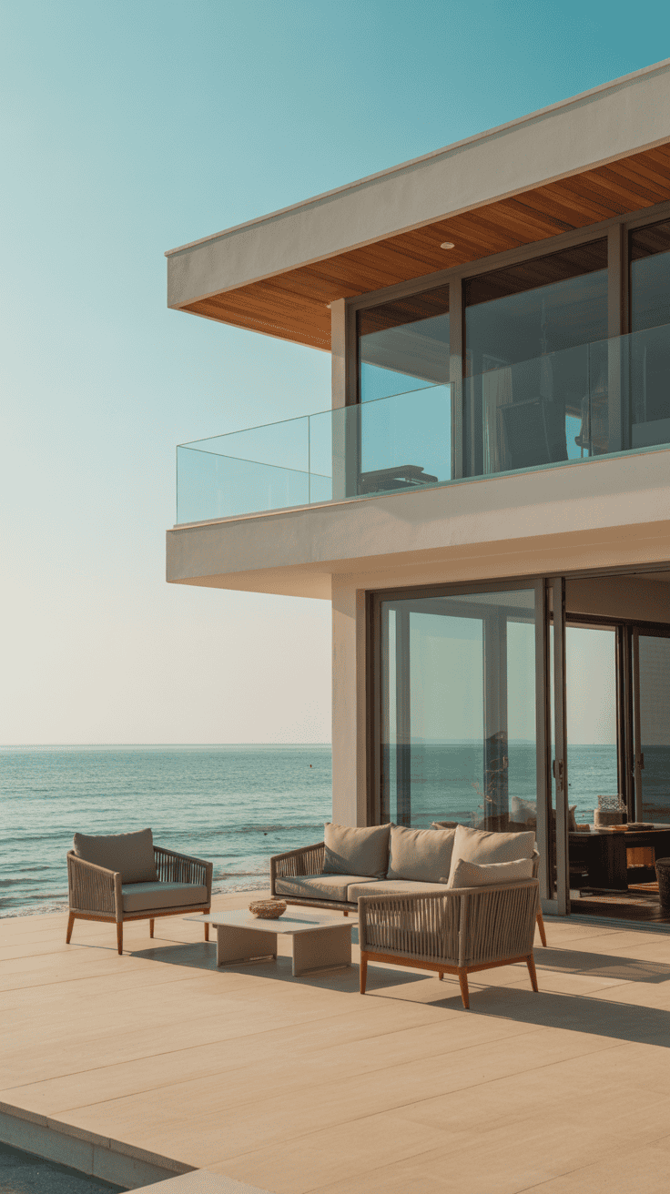 Modern oceanfront house with large glass windows, a wooden ceiling, and outdoor patio furniture overlooking the sea.
