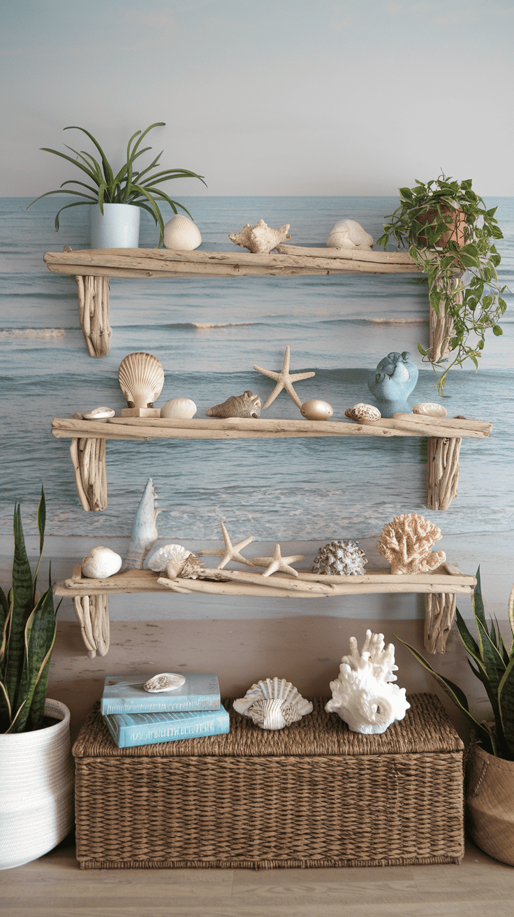 A wall-mounted display of three driftwood shelves adorned with various seashells, starfish, and two small potted plants, set against a serene ocean backdrop. Below the shelves is a wicker basket with more seashells and a couple of turquoise books on top, flanked by potted plants on either side.