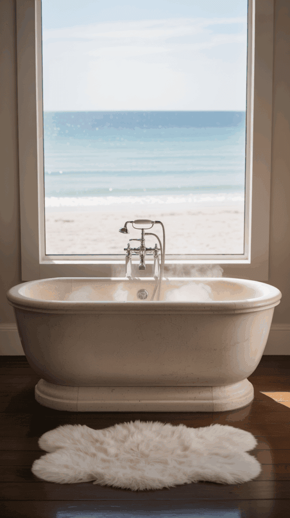 A luxurious bathtub filled with steaming water sits in front of a large window overlooking a sandy beach and calm ocean. A fluffy white rug is placed on the wooden floor in front of the tub.
