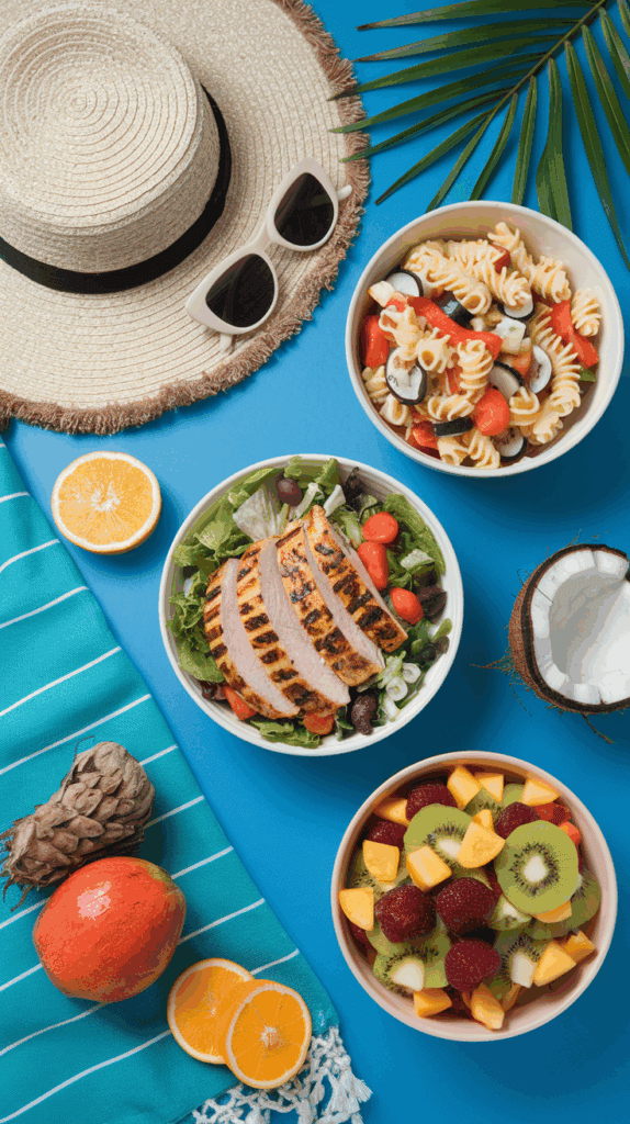 A summer-themed flat lay with a straw hat and sunglasses, a bowl of salad with grilled chicken, a bowl of pasta salad, a bowl of mixed fruit, a coconut, a sliced orange, a mango, and a turquoise striped cloth on a blue surface.