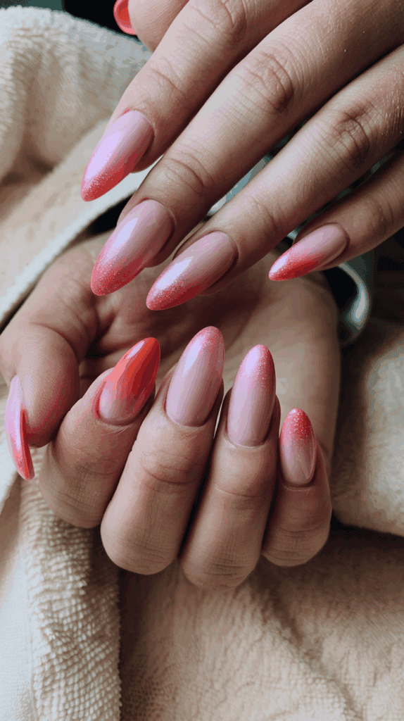A hand with long, almond-shaped nails featuring a pink ombre design, some with glitter effects and one accent nail in a bright coral shade, against a soft fabric background.