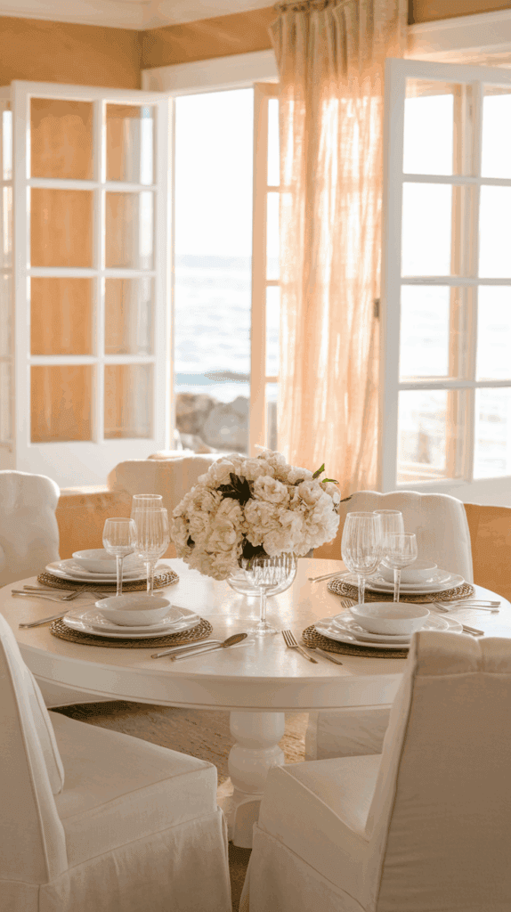 A round dining table set for four with white plates, glassware, and a centerpiece of white flowers, situated in a bright room with open French doors overlooking a sunny view.