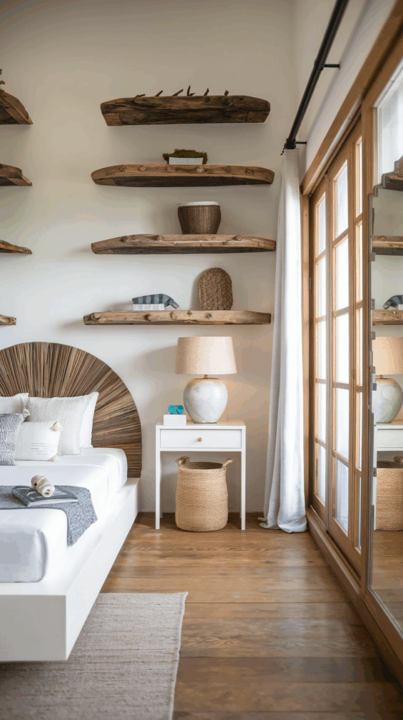 A cozy bedroom features rustic wooden shelves on the wall, a bed with a natural wooden headboard, and a small white nightstand with a lamp. A woven basket sits beneath the table, and a wooden floor and large window with curtains complete the room.