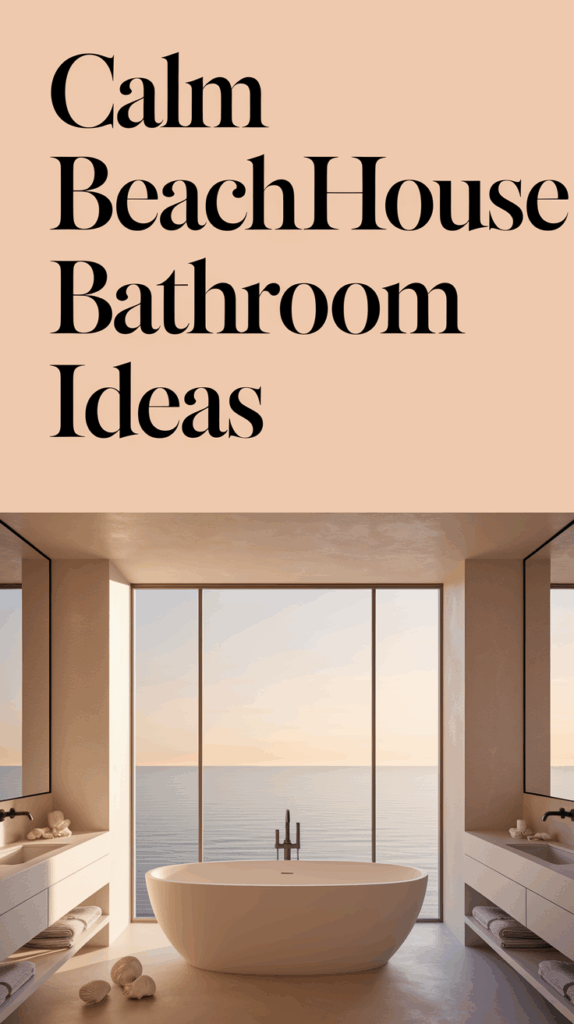 Modern bathroom with a freestanding bathtub and panoramic ocean views, featuring warm tones and minimalist decor, with text overlay reading "Calm Beach House Bathroom Ideas."