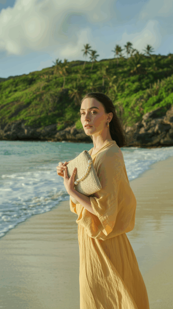 A woman in a yellow dress stands on a beach holding a woven clutch with pearl embellishments, against a backdrop of lush greenery and palm trees under a cloudy blue sky.