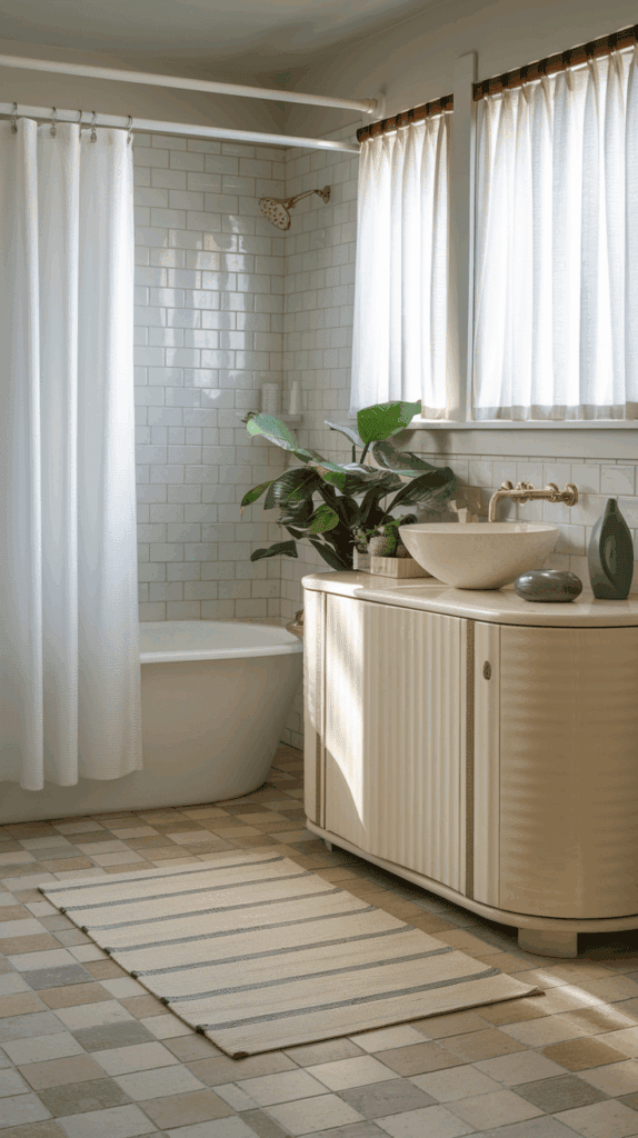 A bathroom featuring a white freestanding bathtub with a white shower curtain, a light-colored vanity with a bowl sink and brass faucet, a plant on the counter, and large windows with sheer curtains, all set against a backdrop of white subway tiles and checkered floor tiles.