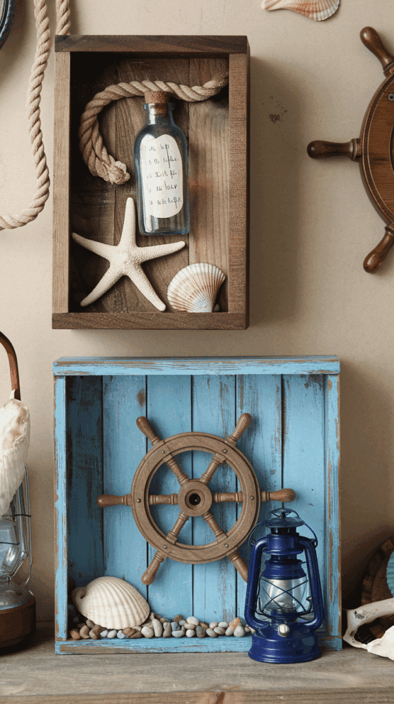 A decorative setup featuring a wooden box with a nautical theme, containing a starfish, seashells, and a bottle with a rope. Below it, a blue wooden box displays a ship's wheel and a collection of pebbles, with a blue lantern placed beside it.