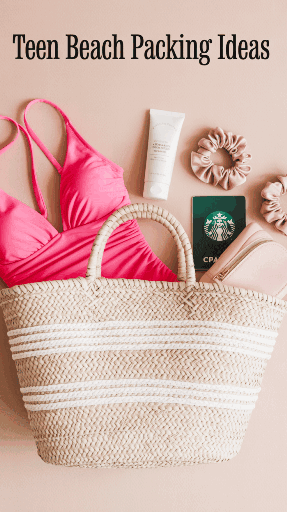 A beach packing flat lay for teens, featuring a pink bikini, a tube of sunscreen, hair scrunchies, a green card with a logo, a small pink bag, and a straw beach bag with white stripes.