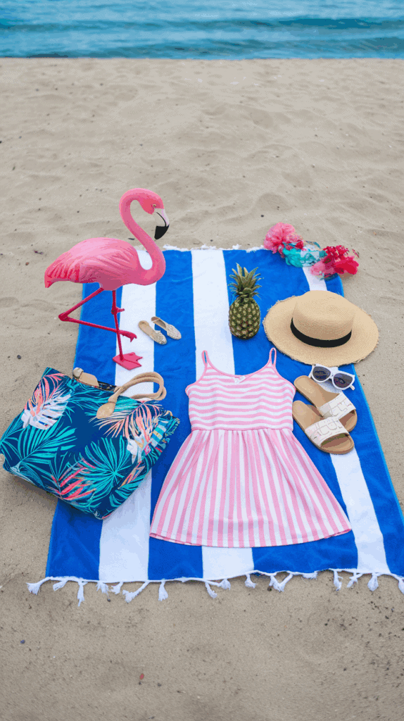 Beach scene with a striped blue and white towel, a pink striped dress, a straw hat, sandals, sunglasses, a pineapple, a floral-patterned bag, and a plastic pink flamingo on the sand near the ocean.