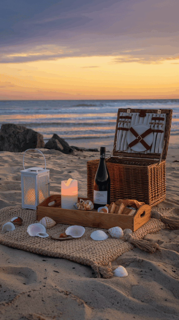 A sunset beach picnic scene featuring a wicker basket with plates and cutlery, a bottle of red wine, a tray with seashells and snacks, and a lantern with a candle, all set on a woven mat surrounded by sand and seashells.