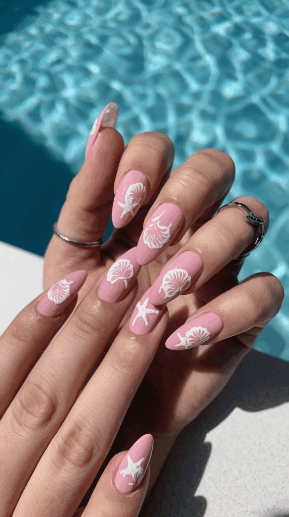 A hand with pink manicured nails featuring white shell and starfish designs, set against a blurred pool background.
