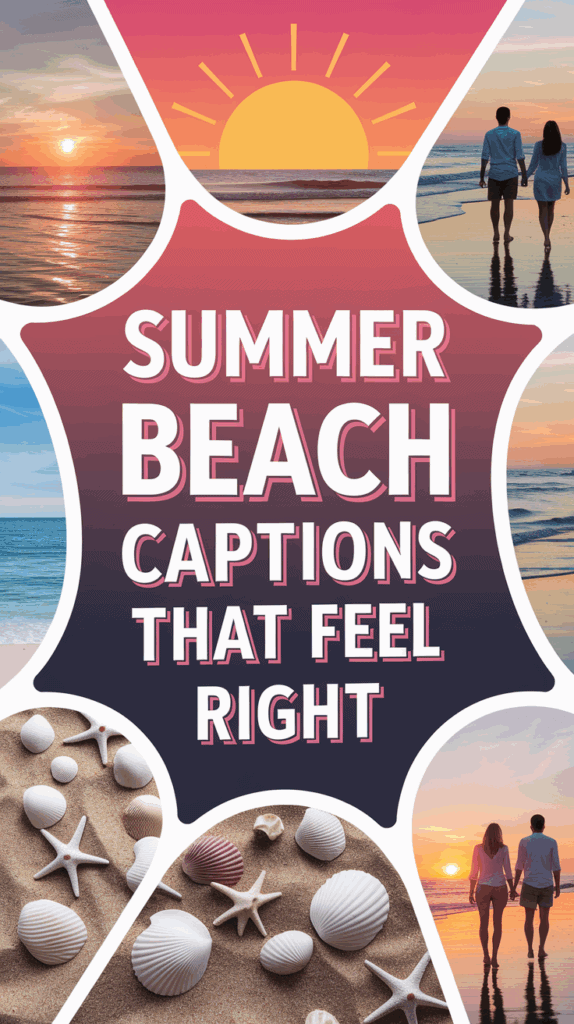 Collage featuring a sunset on the beach, a couple walking by the sea, seashells on sand, and the text 'Summer Beach Captions That Feel Right' overlaid.