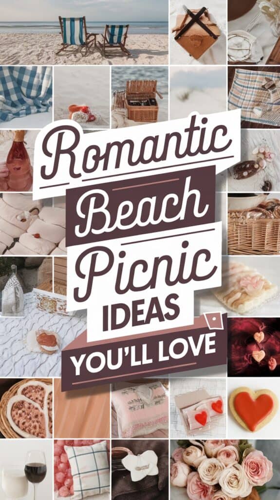 A collage of romantic beach picnic ideas featuring beach chairs, a picnic basket, various blankets, heart-shaped items, and floral arrangements with the text 'Romantic Beach Picnic Ideas You'll Love' in the center.