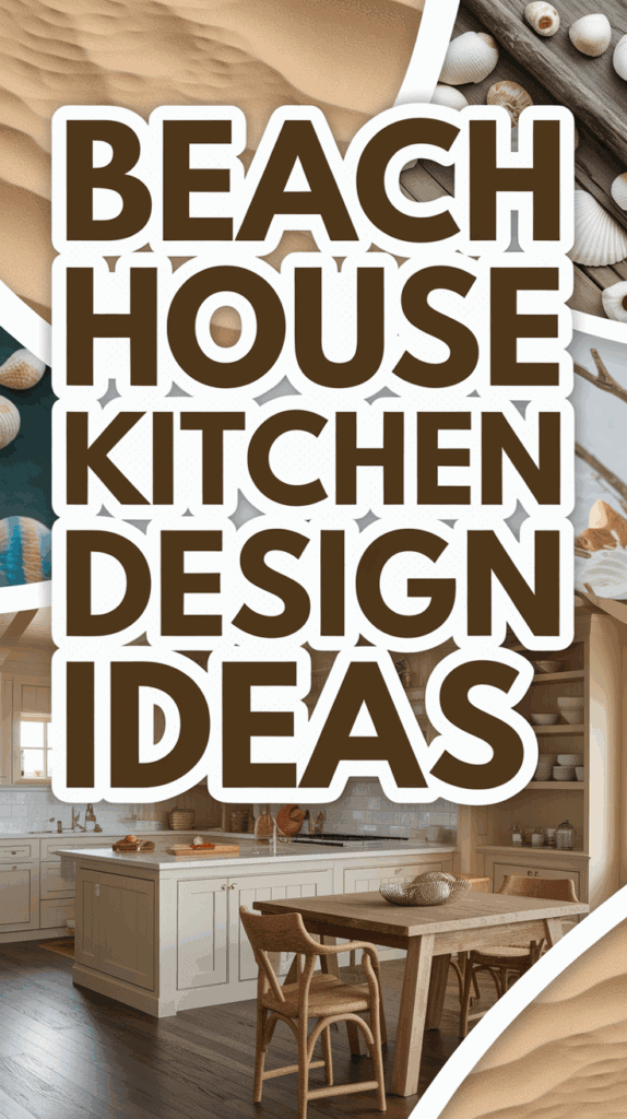 Collage with text 'Beach House Kitchen Design Ideas' over images of sandy beach textures, seashells, and a kitchen with wooden furniture.