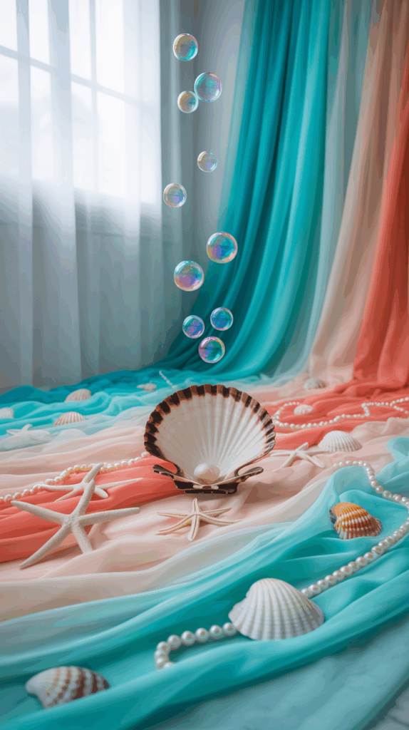 A composition featuring a gradient backdrop of teal and coral fabric with seashells, starfish, and pearl strings arranged on it. A large, open scallop shell with a pearl is in the foreground, and a series of colorful bubbles float upwards against the background.