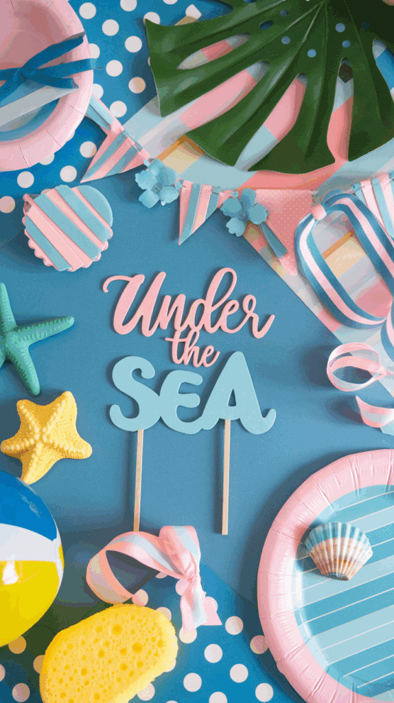 A colorful "Under the Sea" themed party setup with pink and blue striped plates, polka dot patterns, decorative starfish, shells, a beach ball, and a sponge, all arranged around a central text sign on a blue background.