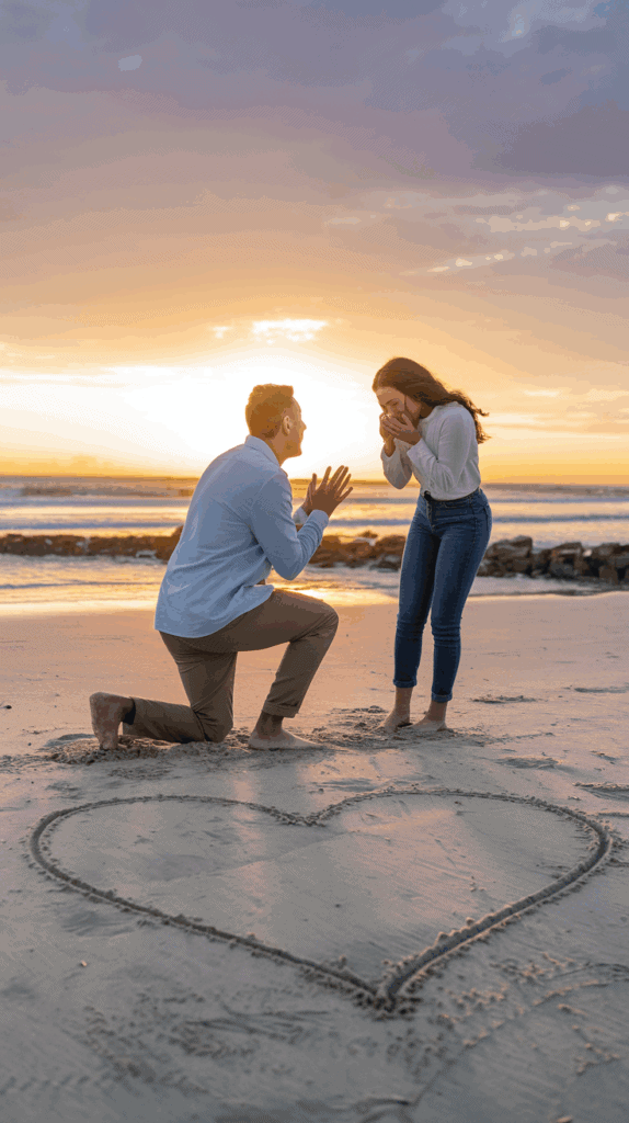 A person kneels on a beach at sunset, proposing to another person standing barefoot on the sand. A large heart is drawn in the sand around them, and the background features a dramatic sky and ocean waves.