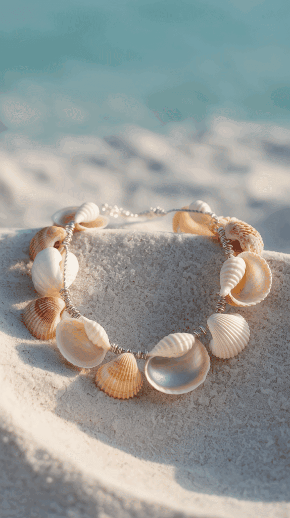 A necklace made of various seashells arranged on a sandy surface with a blurred background of ocean water and sky.