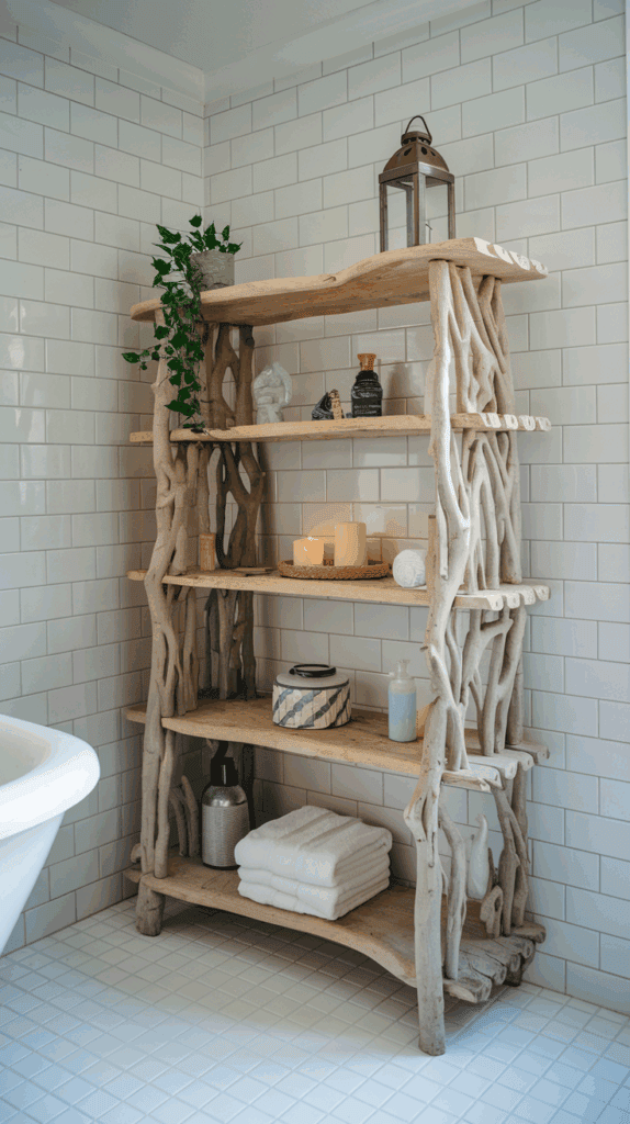 A rustic wooden shelving unit adorned with natural branches, placed against a white tiled bathroom wall. The shelves are decorated with a mix of items including candles, a potted plant, folded towels, a soap dispenser, and various decorative objects.