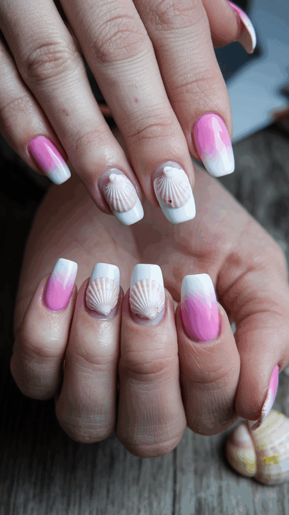 Close-up of hands displaying nails with pink and white gradient polish and shell decorations on some fingers.