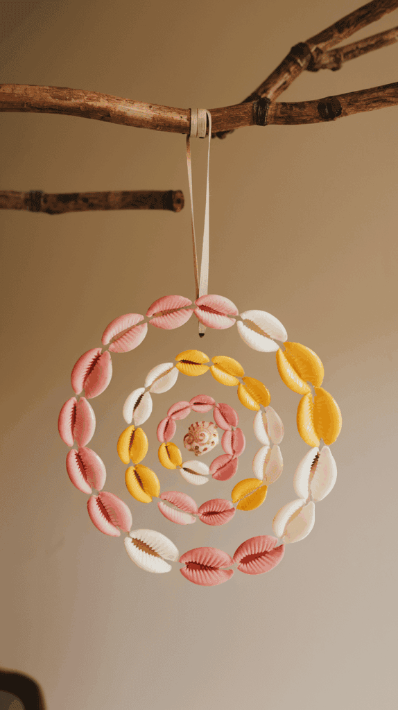 A decorative hanging ornament made of colored shells in pink, yellow, and white, arranged in concentric circles, suspended from a branch with a ribbon.