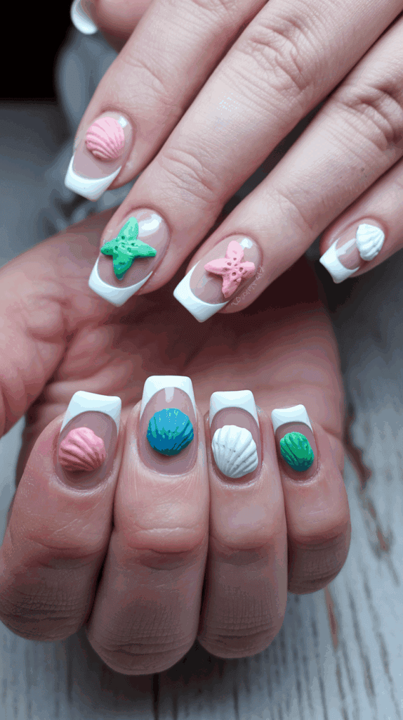Hands with a French manicure featuring colorful shell and starfish decorations on the nails.