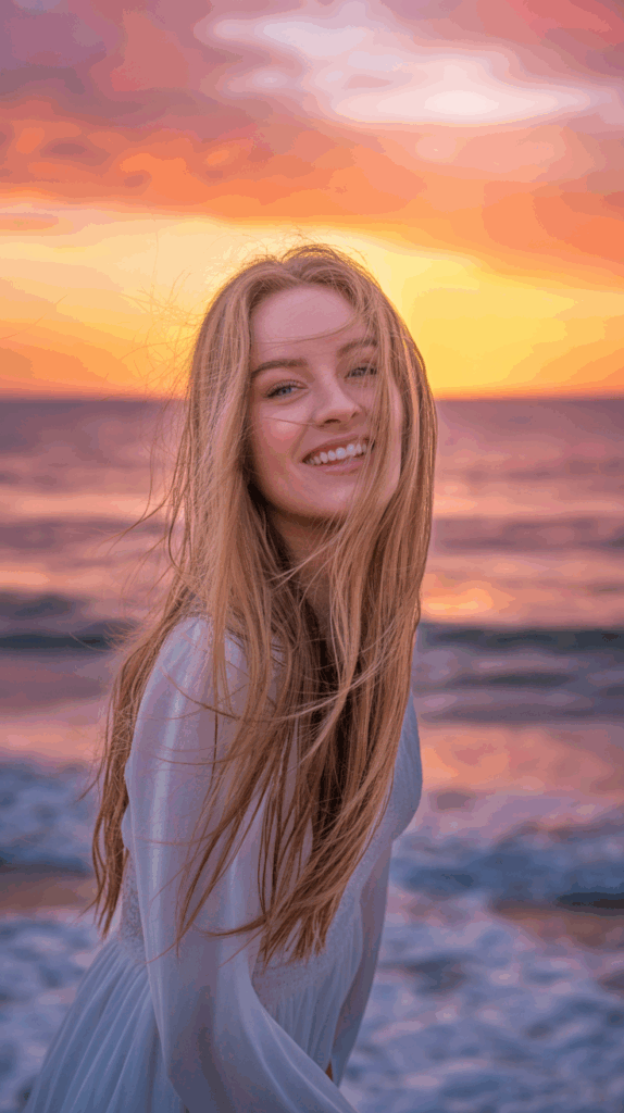 A smiling woman with long blonde hair stands on a beach in front of a vibrant sunset with orange and purple hues in the sky.